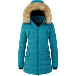 Women's Teal Blue Puffer Jacket Coat Fur Puffer Hood Winter Snowy Weather Warm